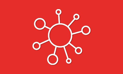 Un logo COVID sur fond rouge.