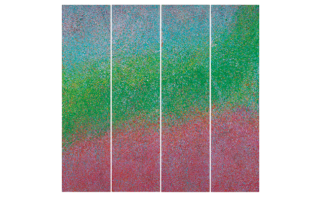 Cum grano salis ou Mon Monet, 1997
Peinture acrylique et dispersion sur panneaux de porte
204 x 53 cm (Chacun des quatre éléments)
INV 1998-086, Musée Jenisch Vevey
 © Musée Jenisch Vevey
