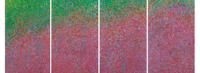 Affiche Exposition Arlaud. (Jean-Claude HESSELBARTH, Cum grano salis ou Mon Monet, 1997, Peinture acrylique et dispersion sur panneaux de porte, 204x53 cm (Chacun des quatre éléments) INV 1998-086, Musée Jenisch Vevey © Musée Jenisch Vevey)